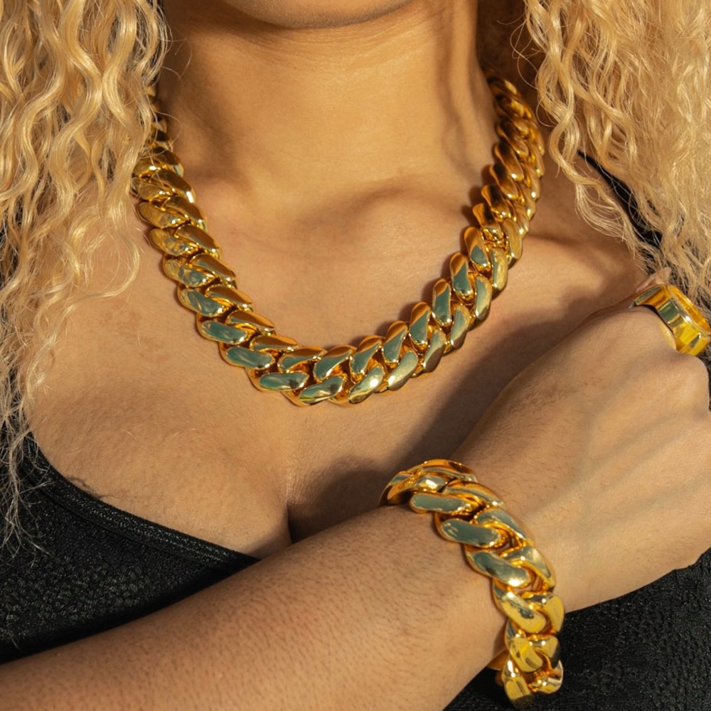 Set Chain & Bracelet 20mm Miami Cuban Link Yellow Gold Plated Chain Necklace